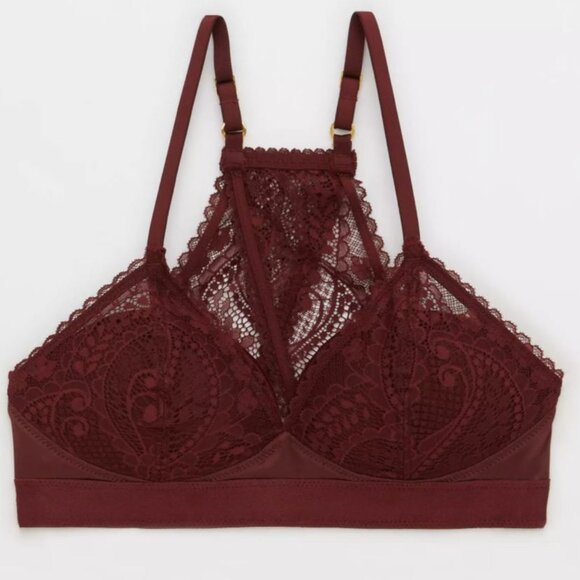 Aerie Dark Red Burgandy Real Power Wireless Push Up Paisley Lace Bra Size 32C - Picture 2 of 5